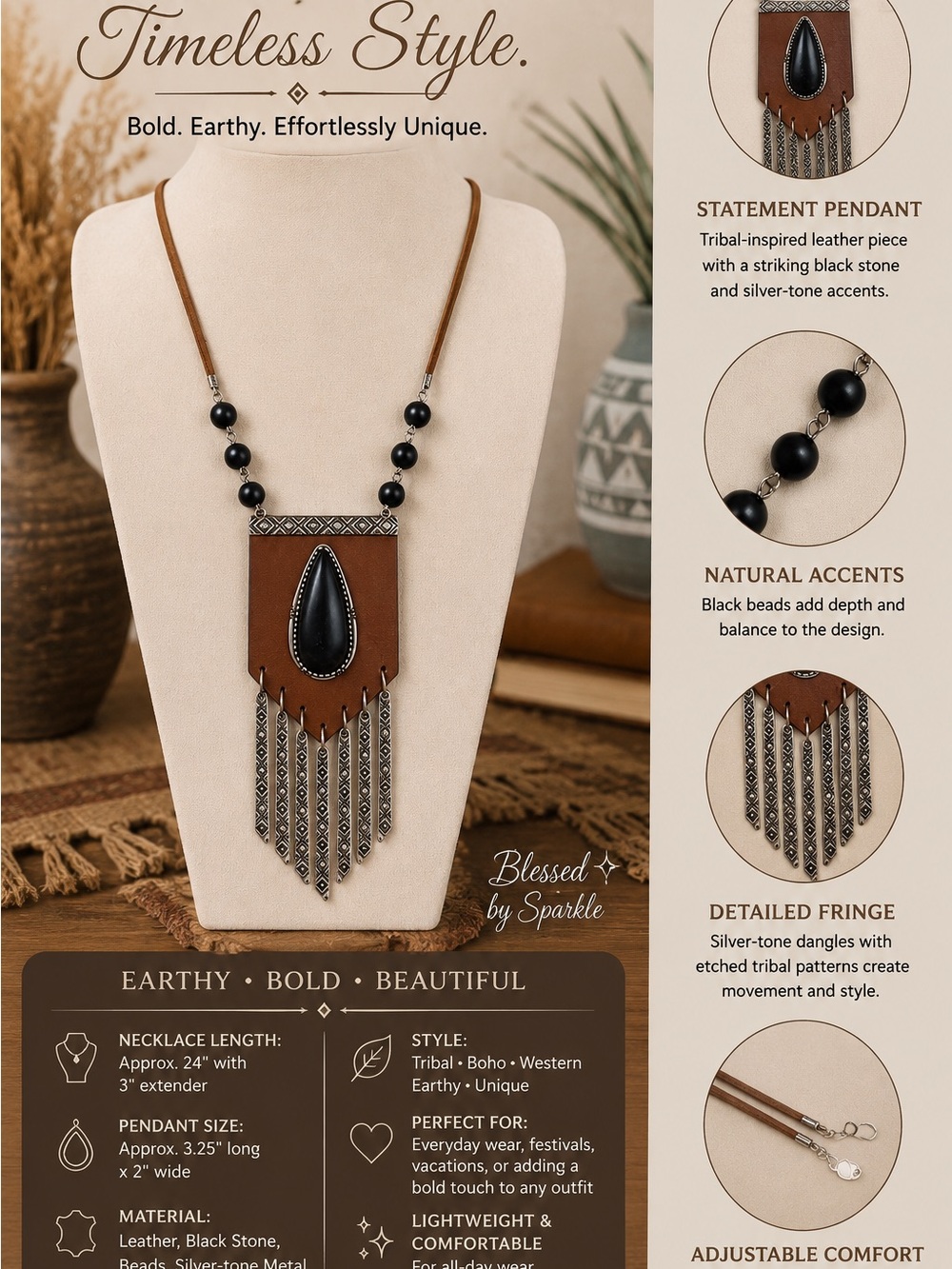 paparazzi Brown Leather Pendant Necklace with Black Stone and Silver Fringe